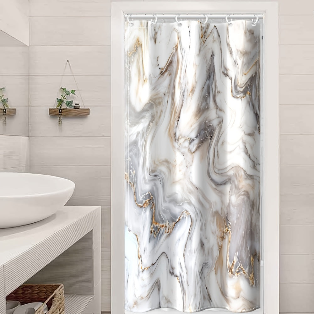1pc Gray Golden Marble Shower Curtain Set, Bathroom Decor, Abstract Modern Shower Curtain, Luxury Standard Shower Curtain For Bathtub, Waterproof Washable Fabric Shower Curtain, With 12 Plastic Hooks