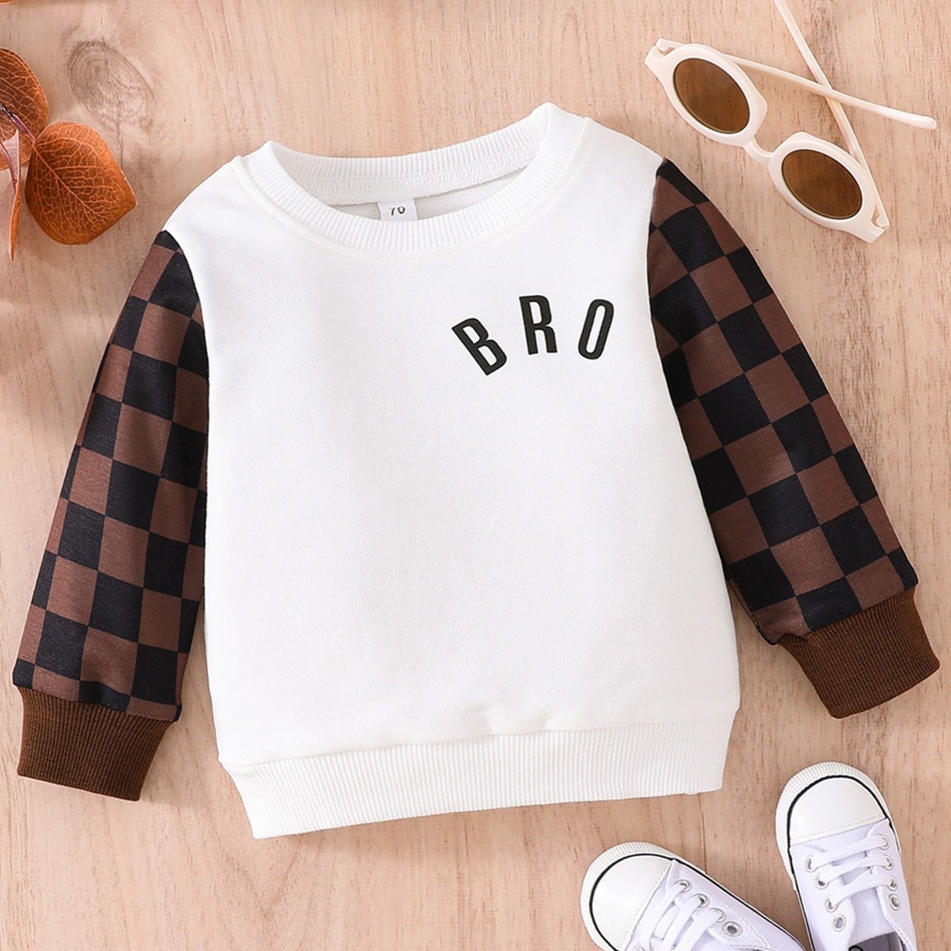 Baby Boy Casual Colorblock Plaid Letter Print Sweatshirt