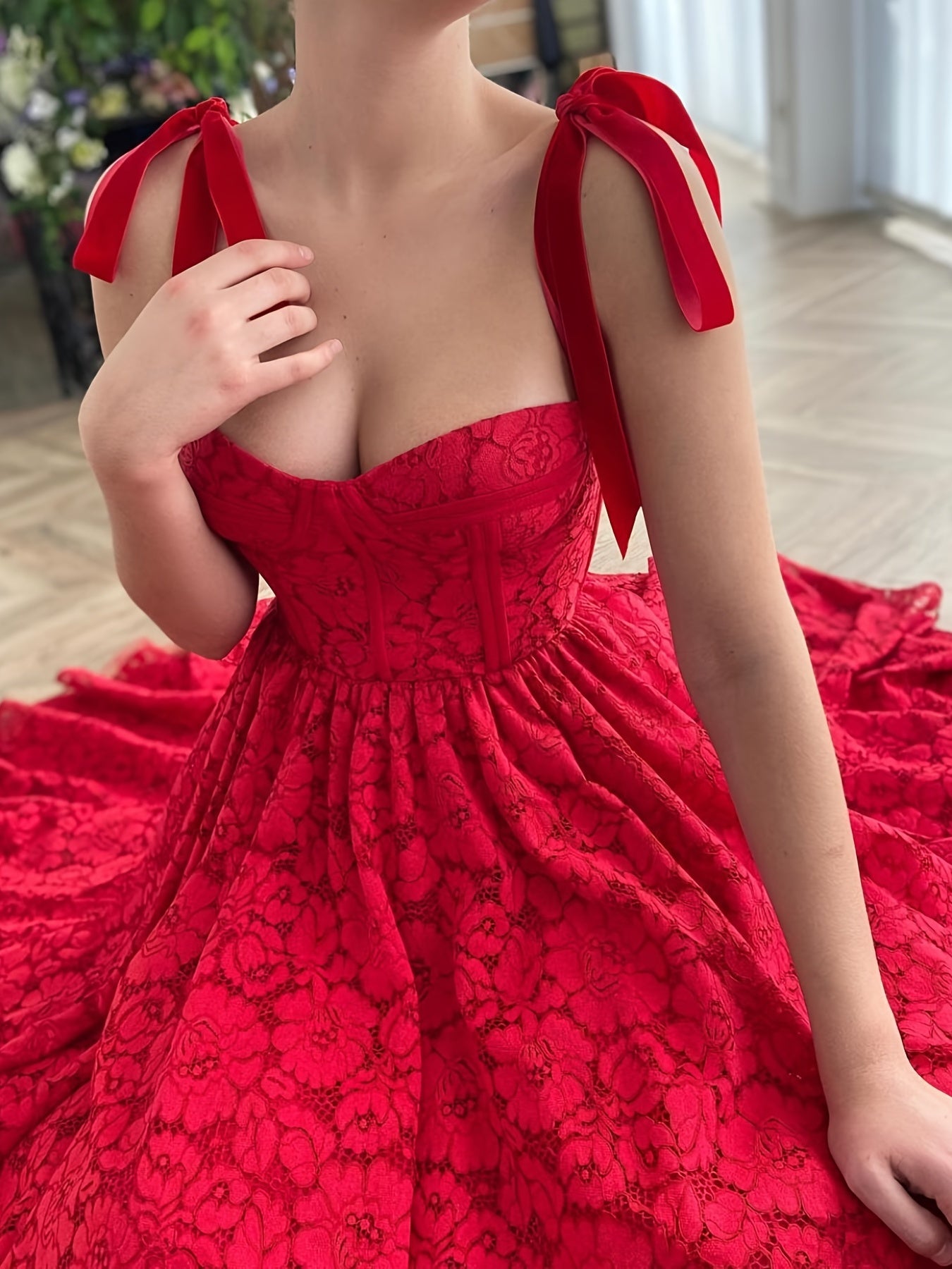 Chinese New Year Elegant Lace Tie Up Sleeveless Dress