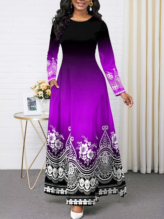 Women's Vintage Floral Round Neck Maxi Dress