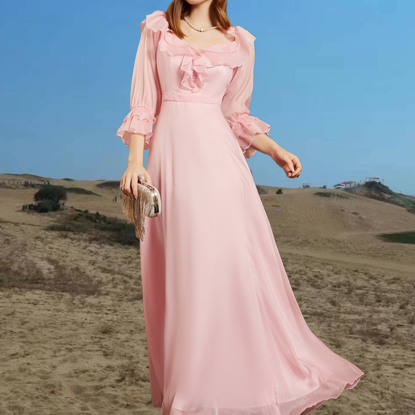 Valentine's Day Square Collar Solid Party Dress, Ruffles Elegant Formal Evening Prom Dress, Women's Clothing