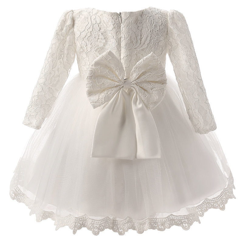 Elegant Newborn Baby Girl Long Sleeve White Baptism Flower Girl Dress