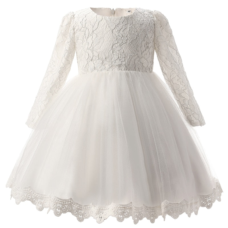 Elegant Newborn Baby Girl Long Sleeve White Baptism Flower Girl Dress