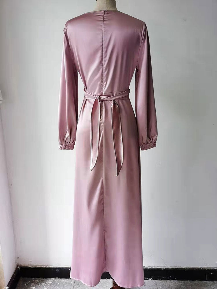 Elegant Wrap Satin Abaya Muslim Long Dress for Women Fashion Hijab