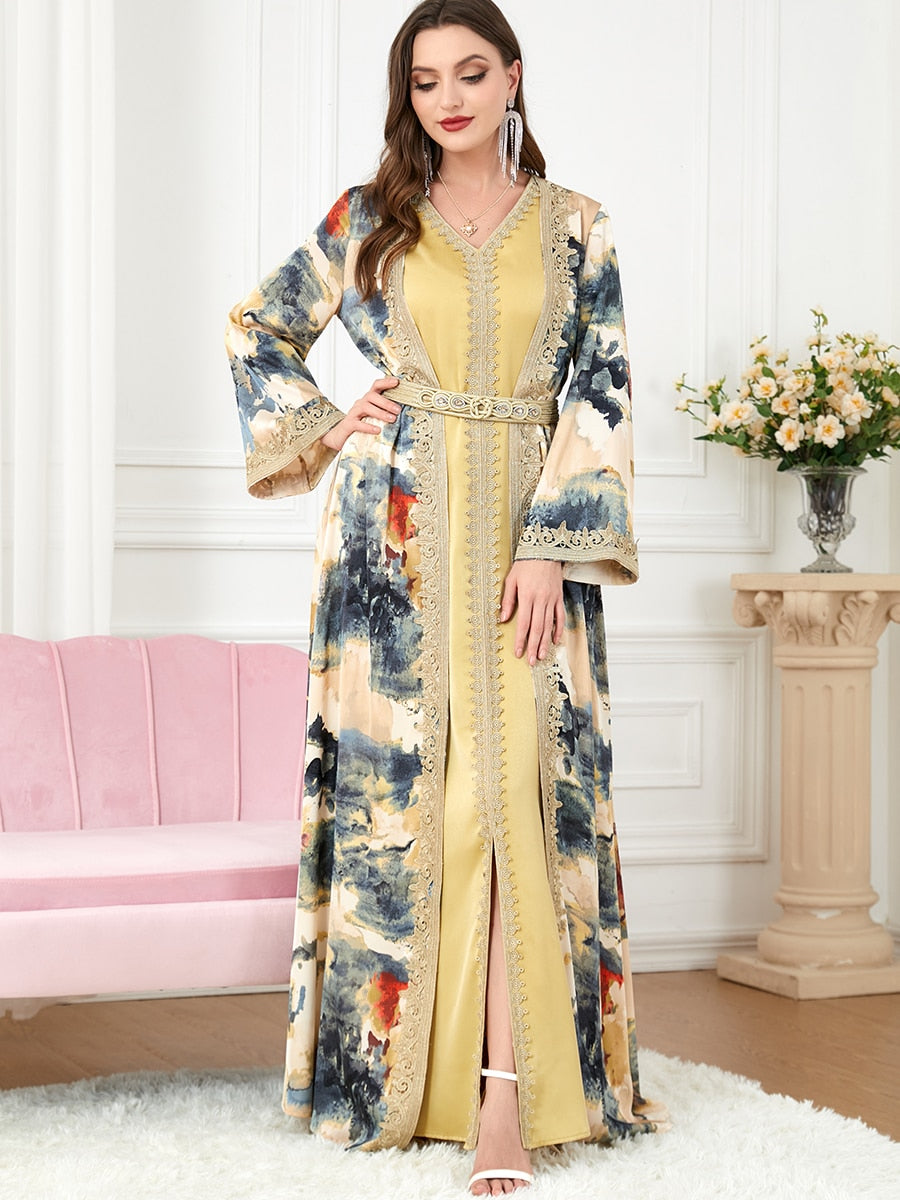 Floral Moroccan Kaftan 2 Piece Abaya for Women