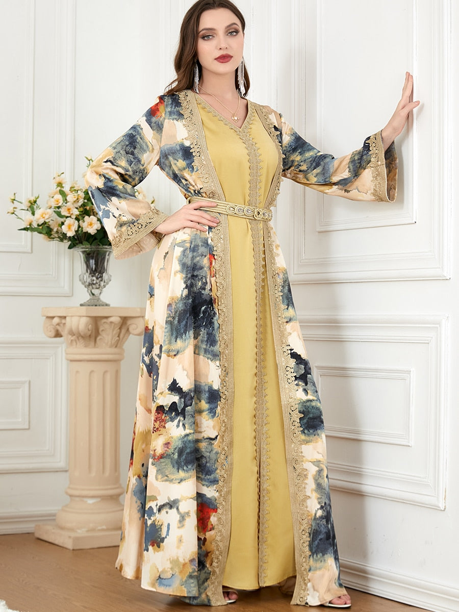 Floral Moroccan Kaftan 2 Piece Abaya for Women