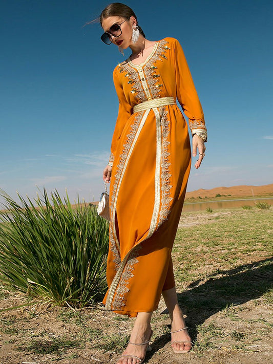 Gorgeous Abaya 2pcs Set with Handsewn Moroccan Embroidery