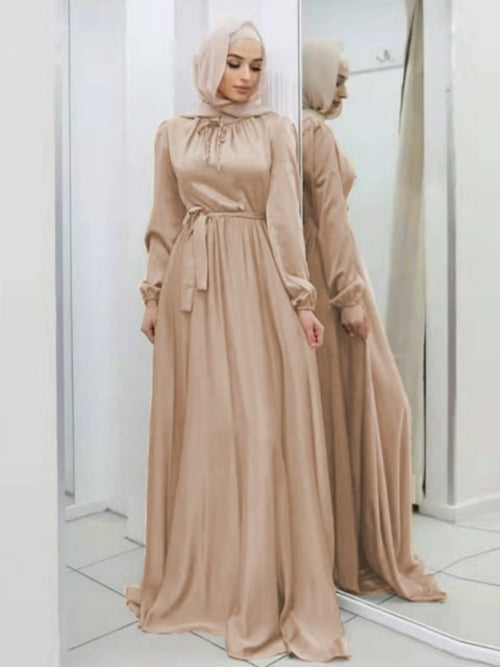 "Luxurious Ramadan Hijab Satin Belted Abaya Dress - Turkish Muslim Fashion from Dubai"
