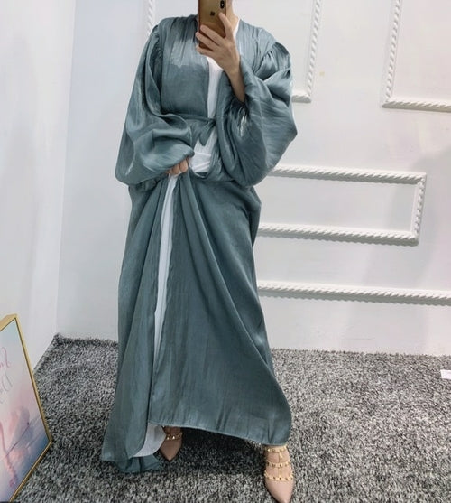 Bubble Sleeve Flowy Turkish Dresses for Eid Open Abaya in Dubai