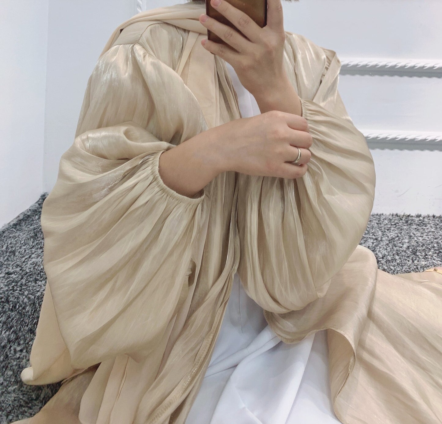 Bubble Sleeve Flowy Turkish Dresses for Eid Open Abaya in Dubai