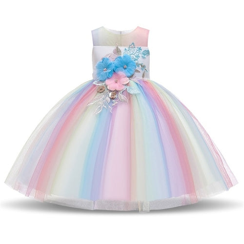 Rainbow Cake Girls Unicorn Dress Long Tail Train Dress Baby Girl