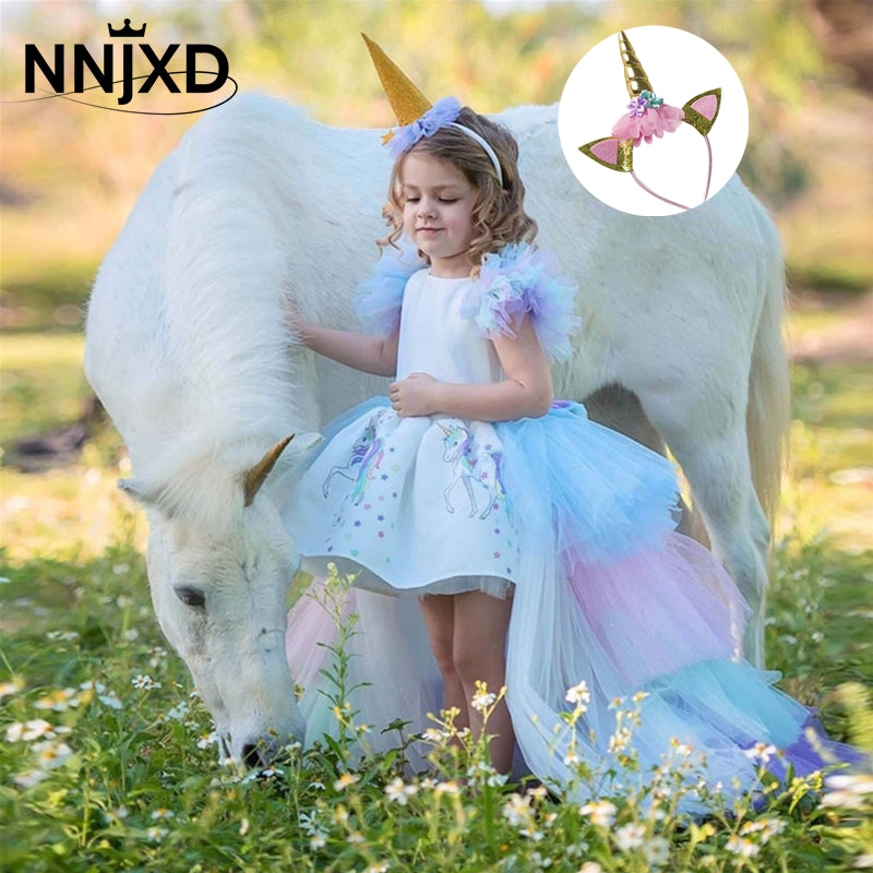 Rainbow Cake Girls Unicorn Dress Long Tail Train Dress Baby Girl