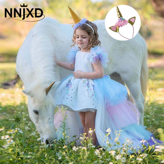 Rainbow Cake Girls Unicorn Dress Long Tail Train Dress Baby Girl
