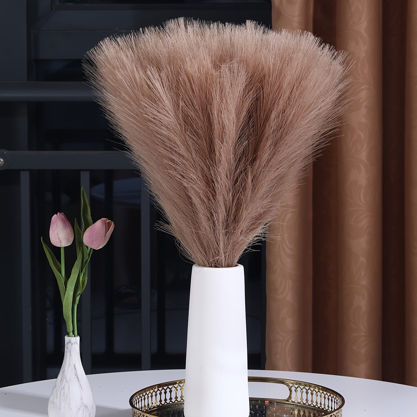 1 Pack/5pcs Faux Pampas Grass Large Tall Fluffy Artificial Flowers - Boho Decor for Vase Filler, Farmhouse, Home, and Wedding Decoration