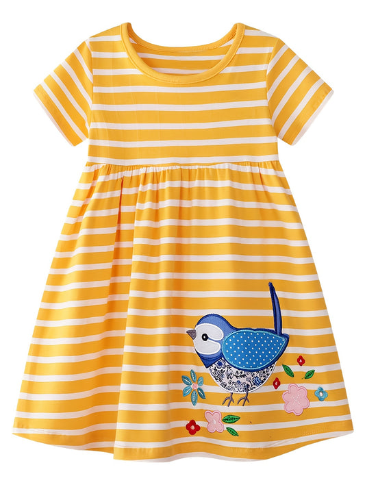 Cute Bird and Floral Embroidery Striped Summer Dress