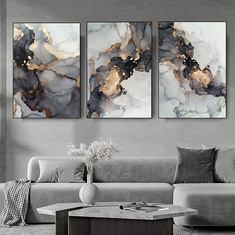 3pcs Golden Black Marble Canvas Painting Wall Art Picture