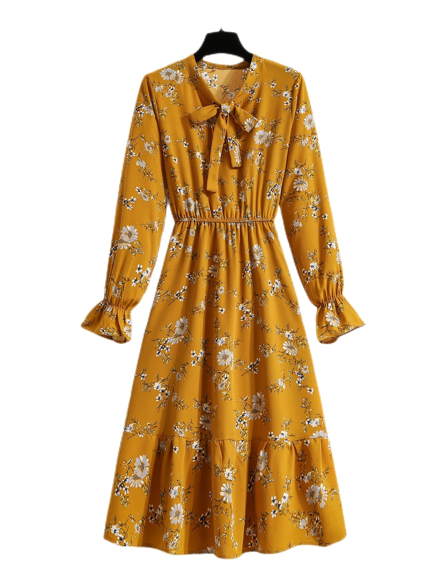 Elegant High Waist Bow Ditsy Floral Print Maxi Dress