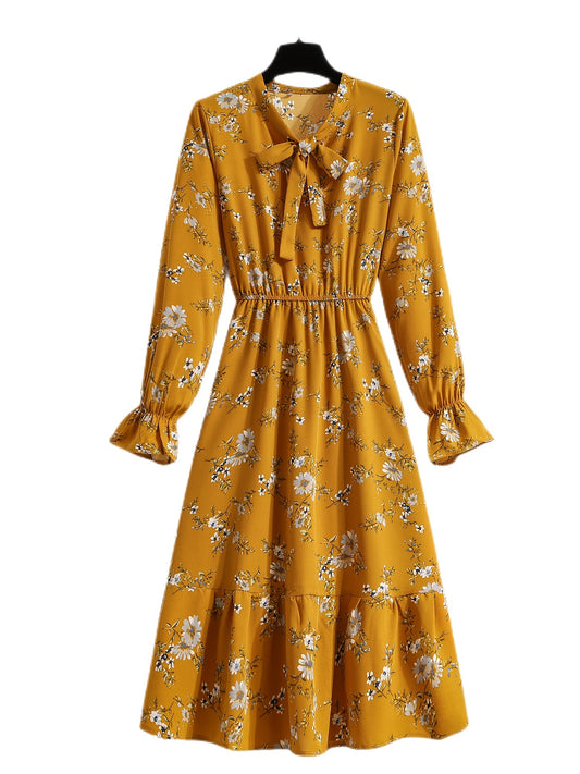 Elegant High Waist Bow Ditsy Floral Print Maxi Dress