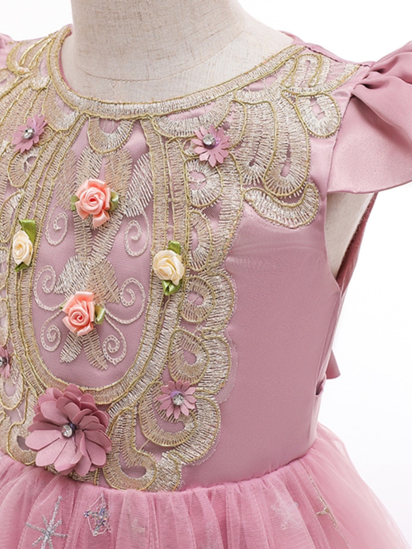 Girls Princess Short Sleeve Ruffled Tutu Dress with Flower Embroidery