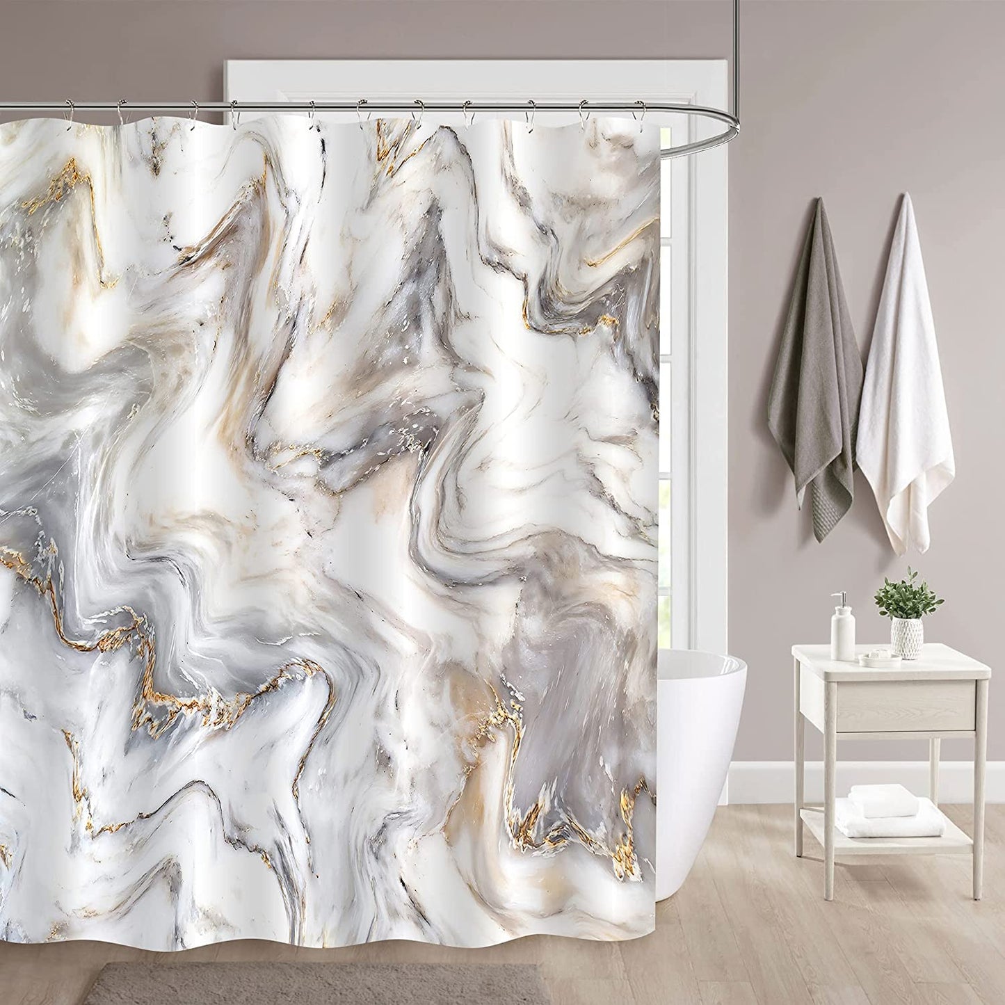 1pc Gray Golden Marble Shower Curtain Set, Bathroom Decor, Abstract Modern Shower Curtain, Luxury Standard Shower Curtain For Bathtub, Waterproof Washable Fabric Shower Curtain, With 12 Plastic Hooks