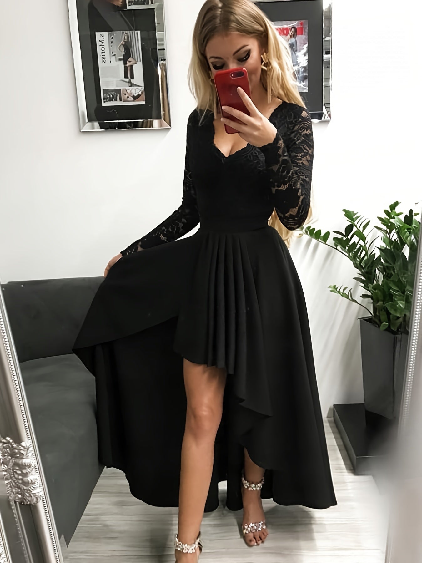 Women's Casual Solid Lace V-Neck High-Low Hem Dress