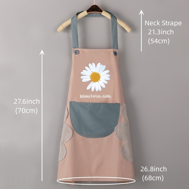 1PC Home Apron With Daisy Print, Adjustable Cooking Aprons, Waterproof And Oil-proof, Water-drop With 1 Big Pockets, Bib Aprons