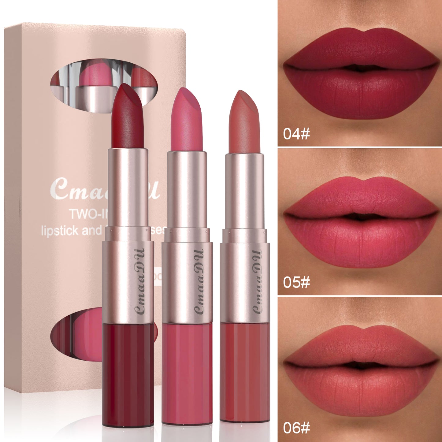 2-in-1 Lipstick and Lip Gloss Set: 3 Colors, Natural Matte Velvet Finish, Double Headed Dual Use, Long Lasting and Waterproof