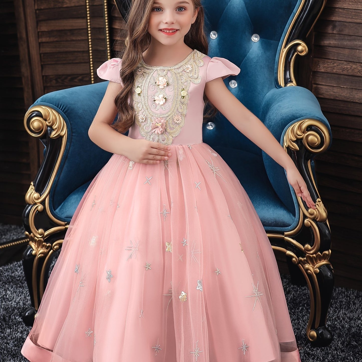 Girls Princess Short Sleeve Ruffled Tutu Dress with Flower Embroidery