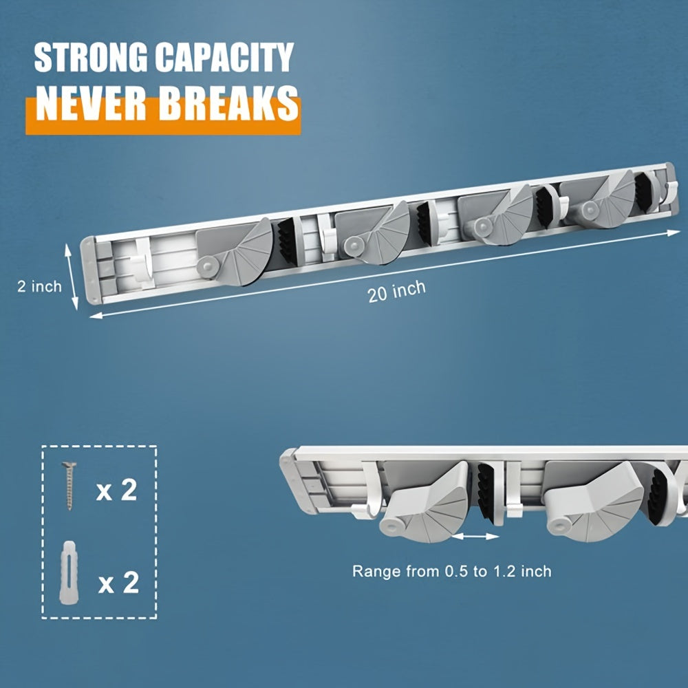 1pc Mop Broom Holder Wall Mount Metal Pantry Organization And Storage Garden Kitchen Tool Organizer Wall Hanger For Home Goods (4 Positions With 5 Hooks, Silvery)