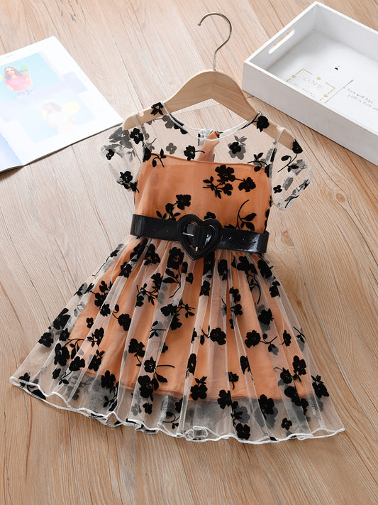 Girls Black Flower Embroidered Mesh Dress