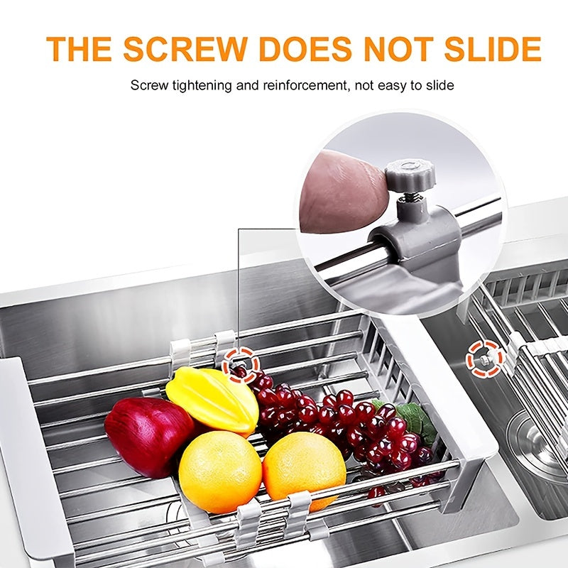 1pc Drain Rack, Stainless Steel Kitchen Basket, Home Dish Rack, Retractable Sink Shelf, 8.81*(11.22-18.5)*3.7in, Suitable For Rectangular Sink