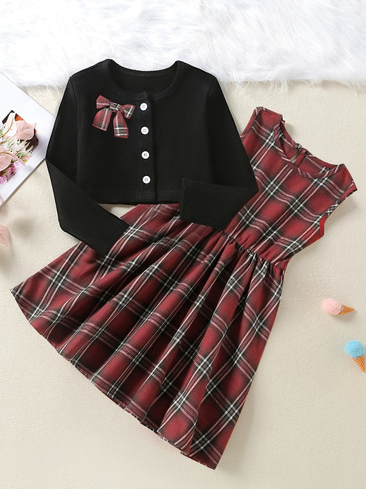 Cotton Long Sleeve Top & Plaid Vest Dress Set for Christmas