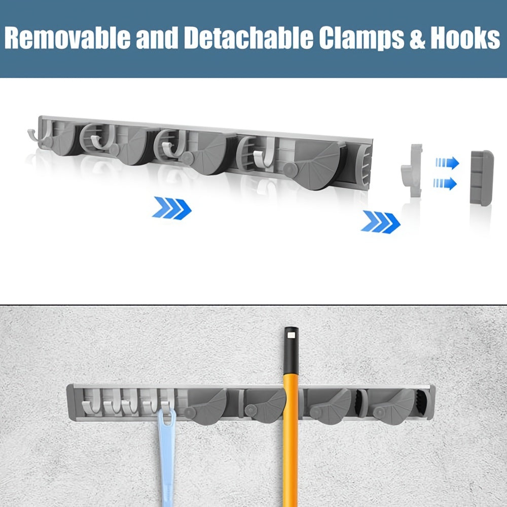 1pc Mop Broom Holder Wall Mount Metal Pantry Organization And Storage Garden Kitchen Tool Organizer Wall Hanger For Home Goods (4 Positions With 5 Hooks, Silvery)