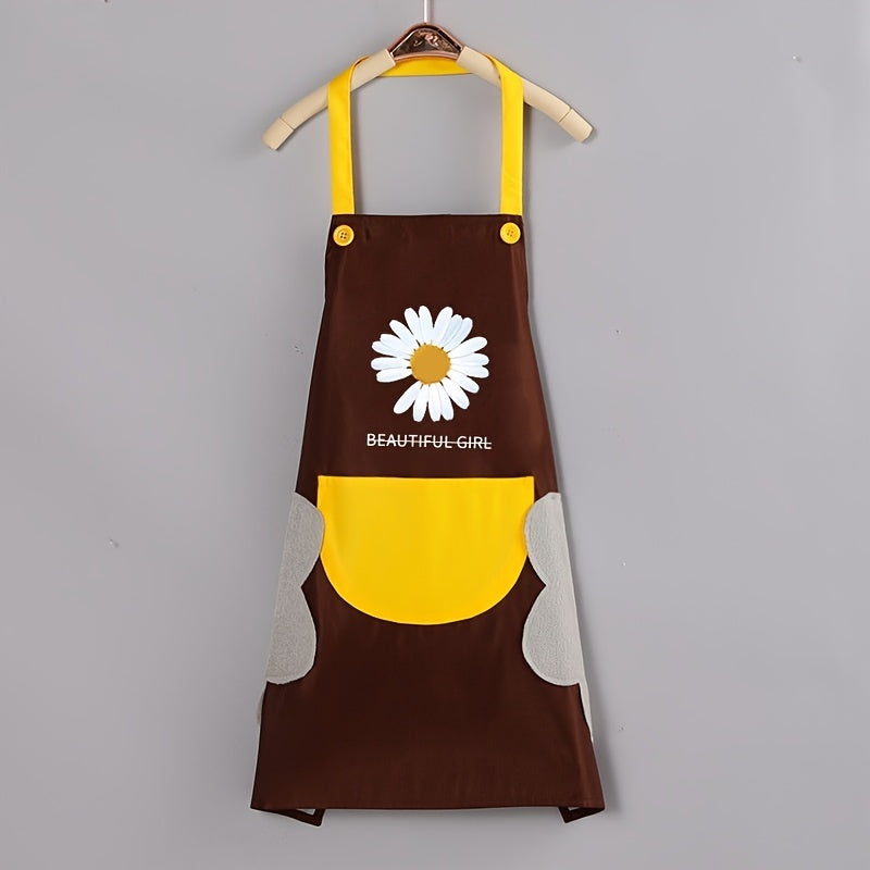 1PC Home Apron With Daisy Print, Adjustable Cooking Aprons, Waterproof And Oil-proof, Water-drop With 1 Big Pockets, Bib Aprons