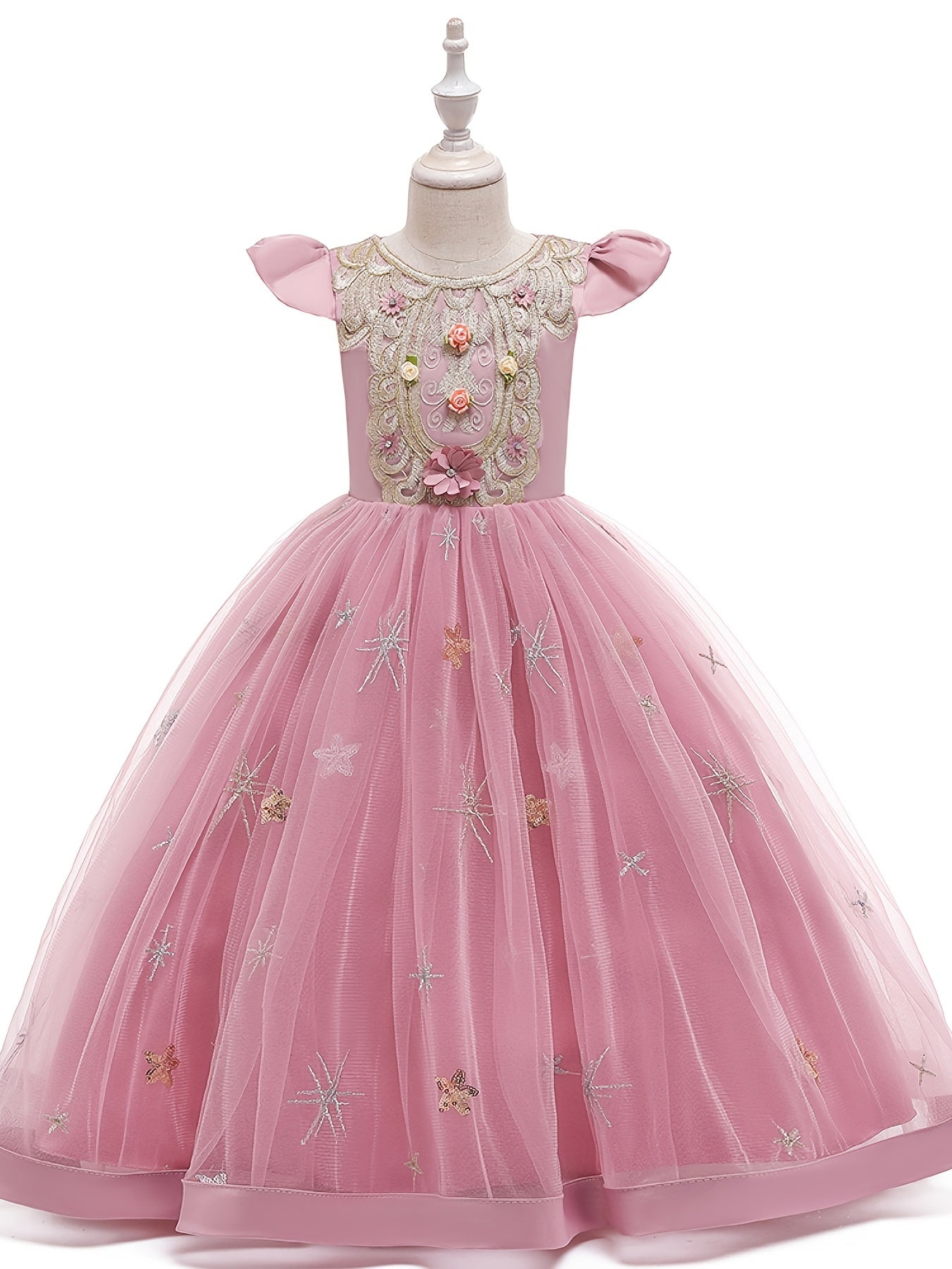 Girls Princess Short Sleeve Ruffled Tutu Dress with Flower Embroidery