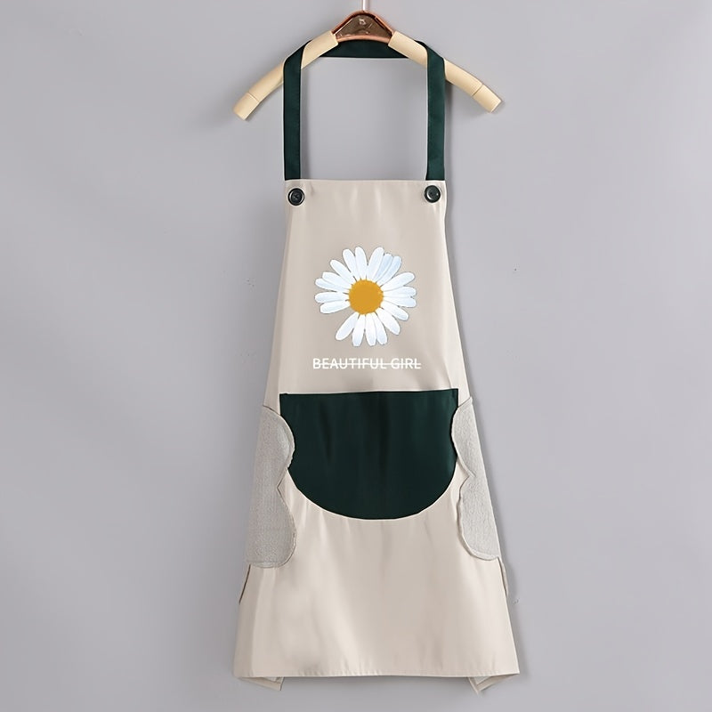 1PC Home Apron With Daisy Print, Adjustable Cooking Aprons, Waterproof And Oil-proof, Water-drop With 1 Big Pockets, Bib Aprons