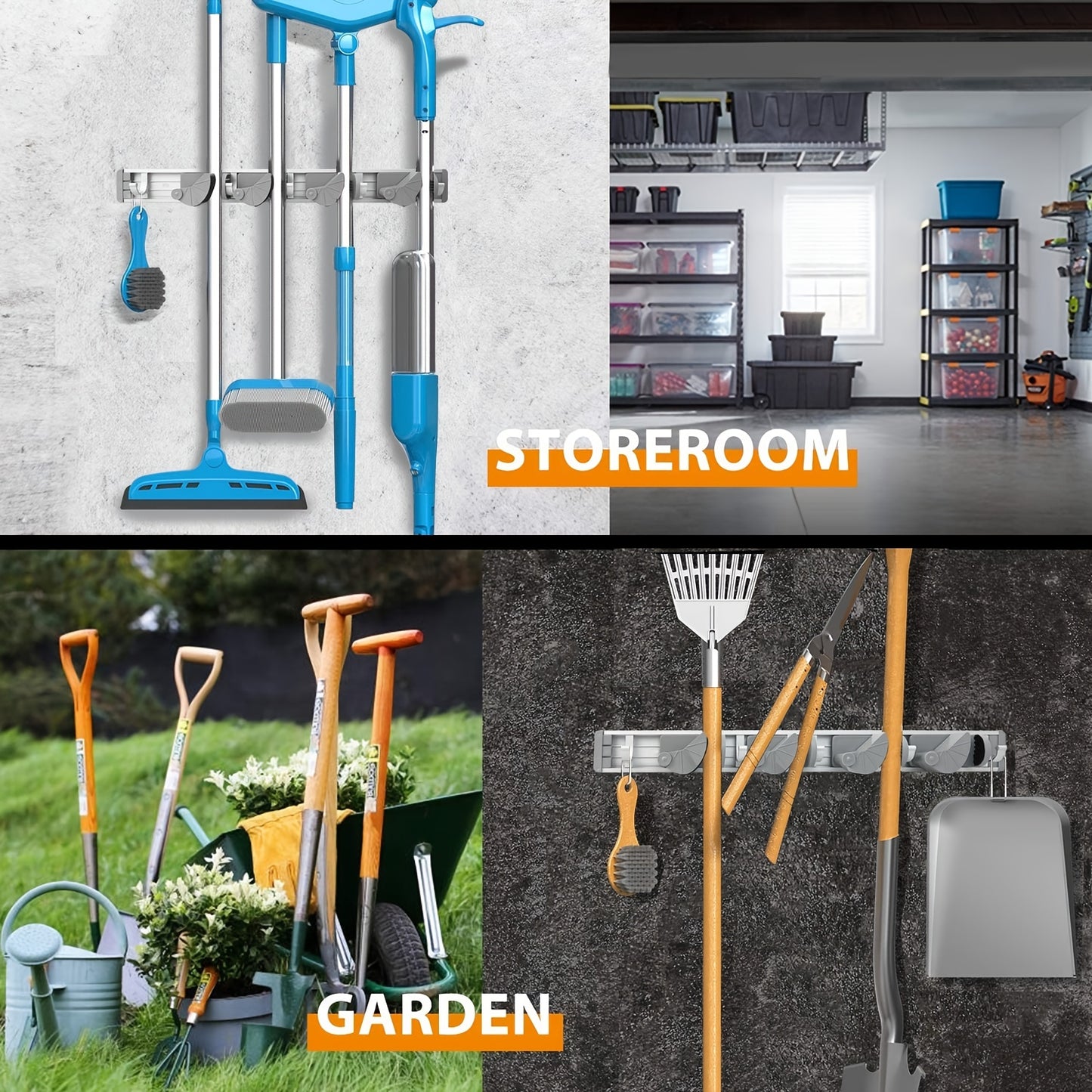 1pc Mop Broom Holder Wall Mount Metal Pantry Organization And Storage Garden Kitchen Tool Organizer Wall Hanger For Home Goods (4 Positions With 5 Hooks, Silvery)