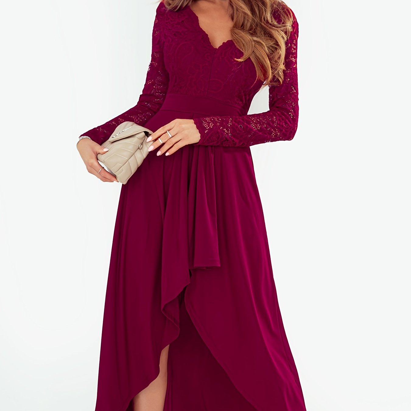 Women's Casual Solid Lace V-Neck High-Low Hem Dress