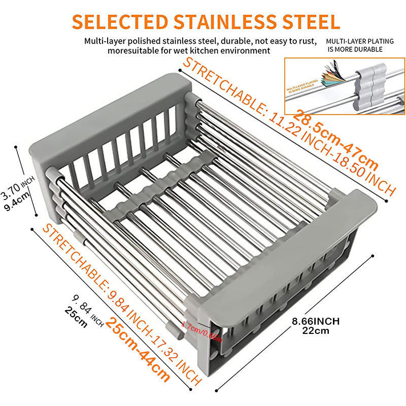 1pc Drain Rack, Stainless Steel Kitchen Basket, Home Dish Rack, Retractable Sink Shelf, 8.81*(11.22-18.5)*3.7in, Suitable For Rectangular Sink