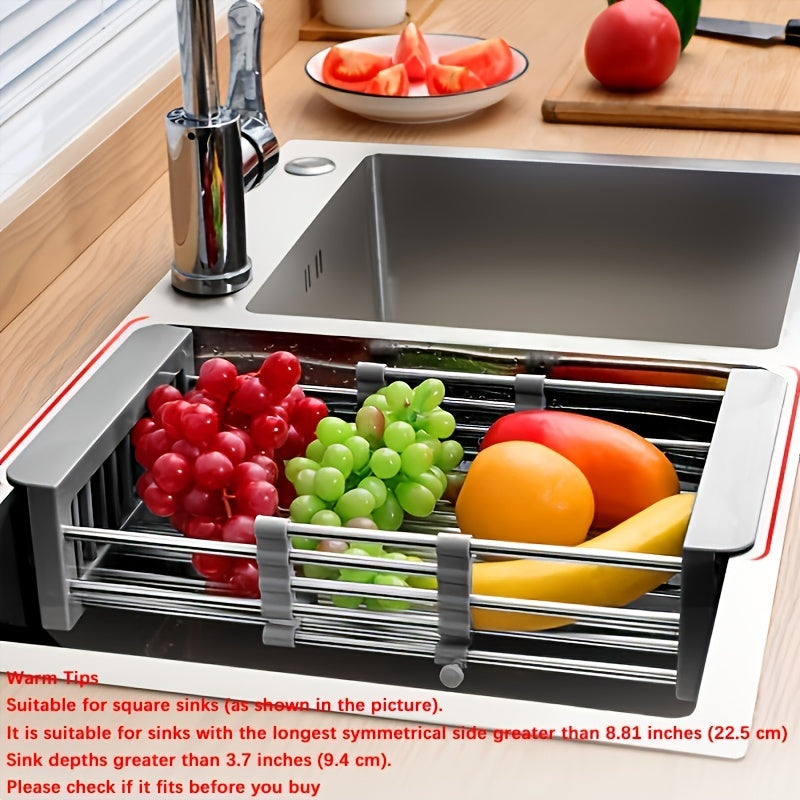 1pc Drain Rack, Stainless Steel Kitchen Basket, Home Dish Rack, Retractable Sink Shelf, 8.81*(11.22-18.5)*3.7in, Suitable For Rectangular Sink