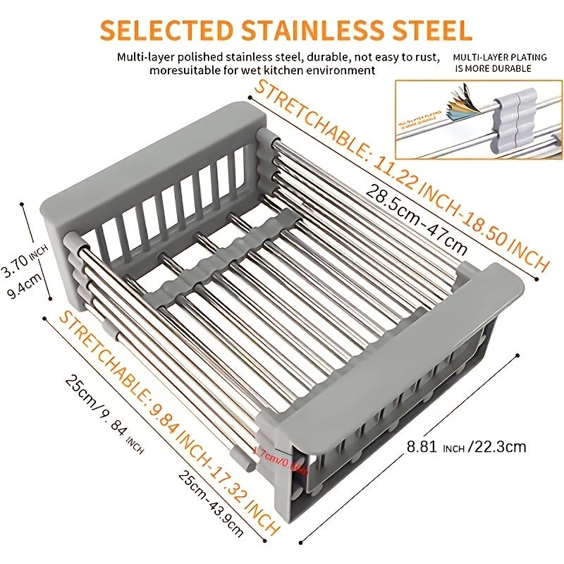 1pc Drain Rack, Stainless Steel Kitchen Basket, Home Dish Rack, Retractable Sink Shelf, 8.81*(11.22-18.5)*3.7in, Suitable For Rectangular Sink