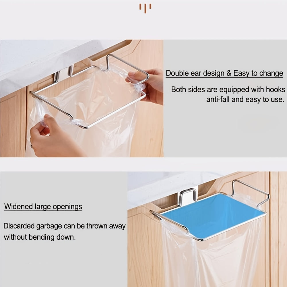 1pc Large Stainless Steel Trash Bag Holder For Kitchen Cabinets Doors And Cupboards, Black Silvery