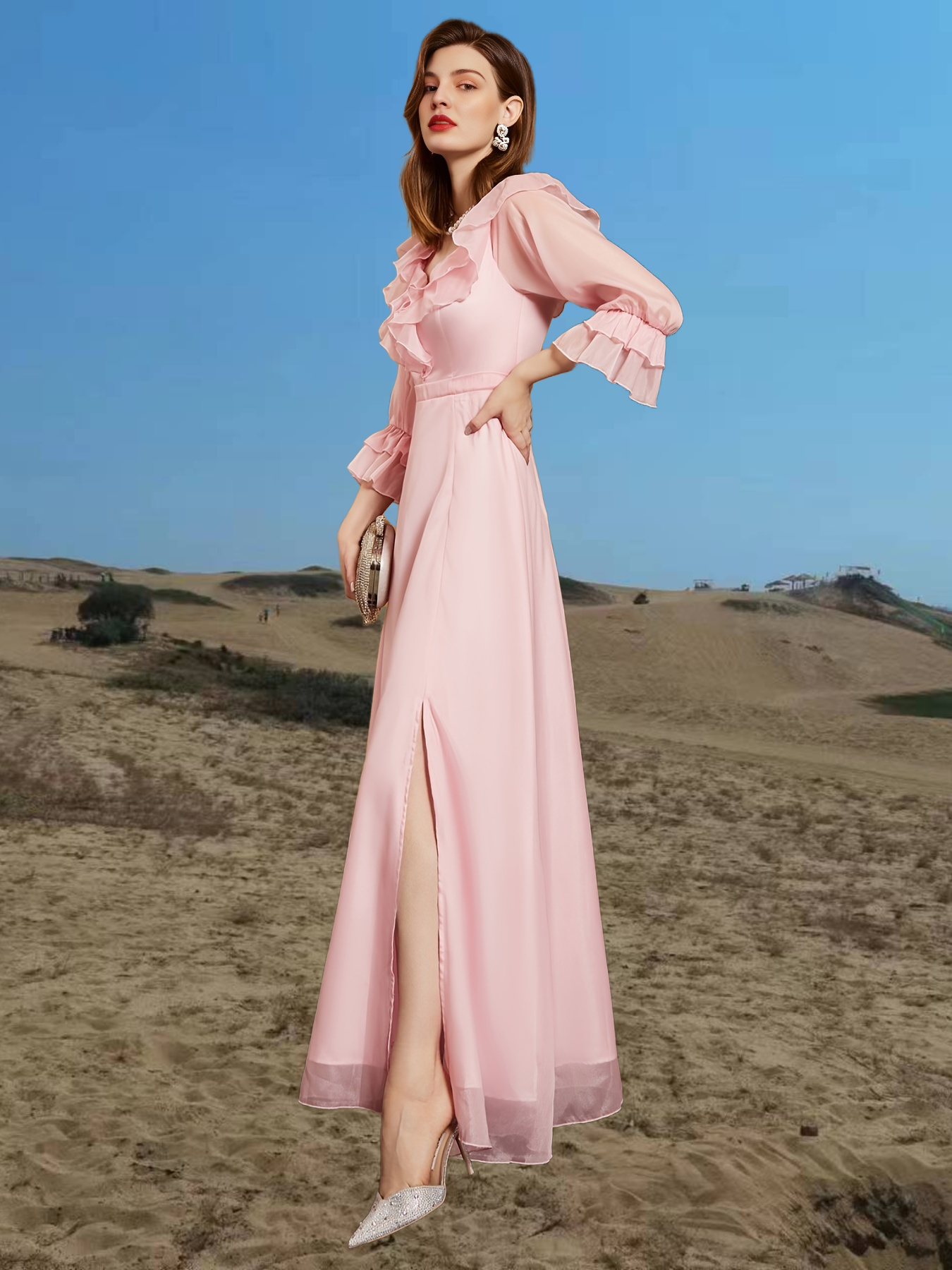 Valentine's Day Square Collar Solid Party Dress, Ruffles Elegant Formal Evening Prom Dress, Women's Clothing
