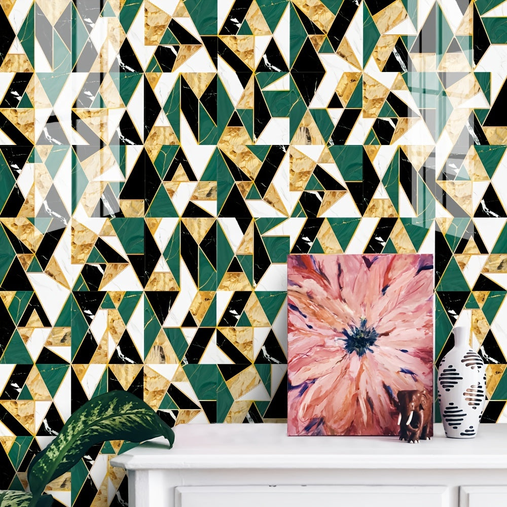 10pcs Colorful Modern Wall Sticker Set - Golden Green Bathroom Decor, Removable Vinyl Tile Stickers, Self Adhesive