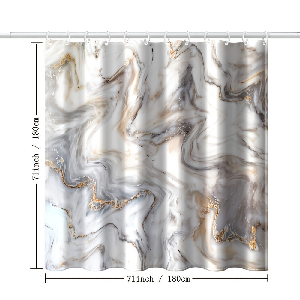 1pc Gray Golden Marble Shower Curtain Set, Bathroom Decor, Abstract Modern Shower Curtain, Luxury Standard Shower Curtain For Bathtub, Waterproof Washable Fabric Shower Curtain, With 12 Plastic Hooks