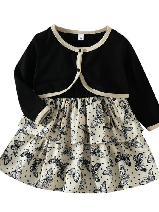 Girls Butterfly Pattern Elegant Dress Coat Set