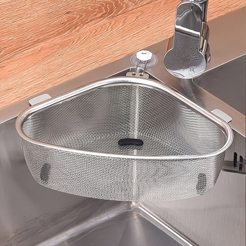 1pc Drainer Basket, Triangular Sink Drainer Basket, Stainless Steel Strainer, Kitchen Drainer Basket, Garbage Residue Filter, Storage Leakage Mesh Basket, Vegetable Basket 6.61lbs(Max)