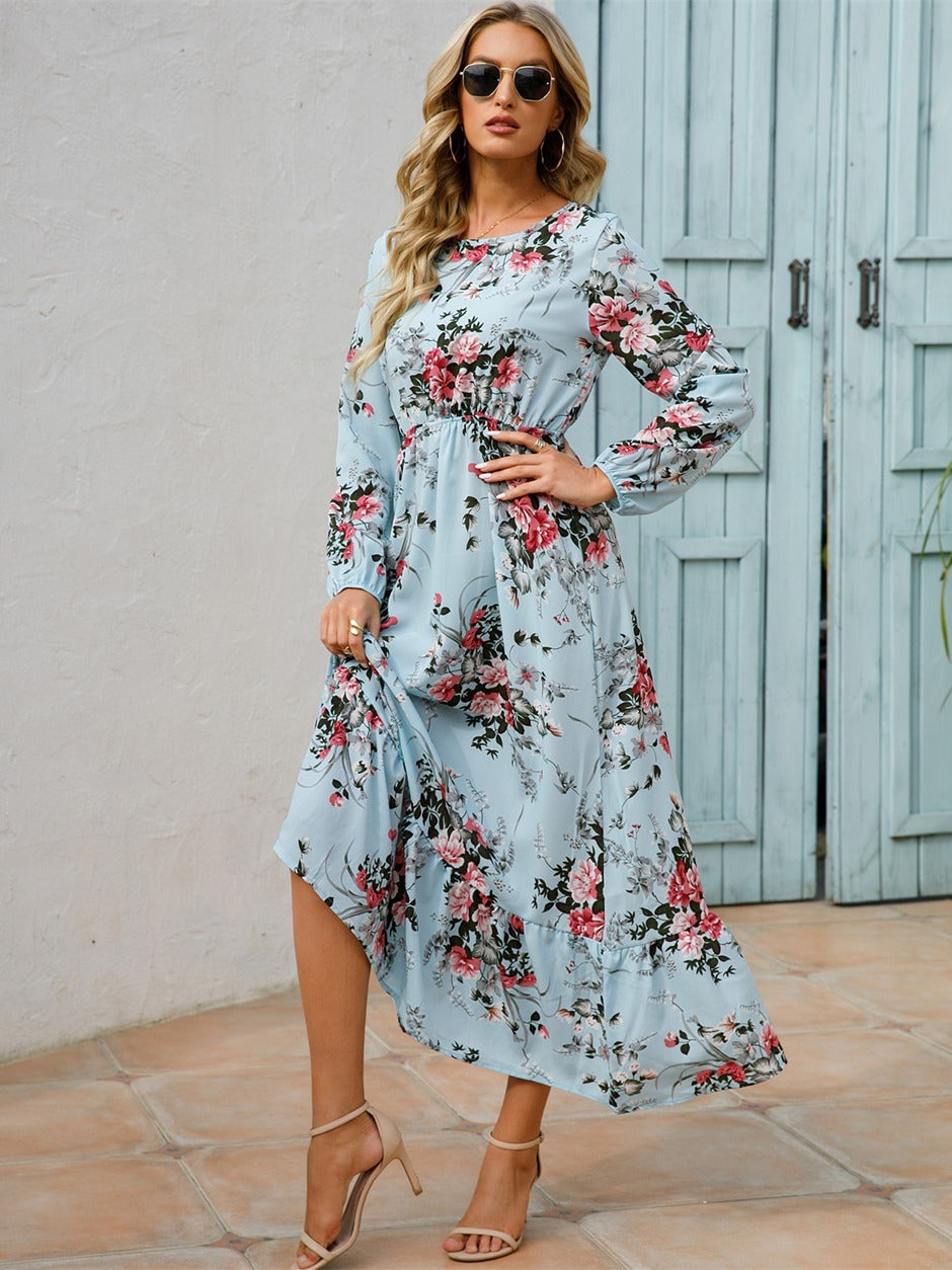 Floral Long Sleeve Maxi Dress: Long Sleeve Loose Crew Neck Dress, Casual Dresses for Spring & Summer, Women's Clothing