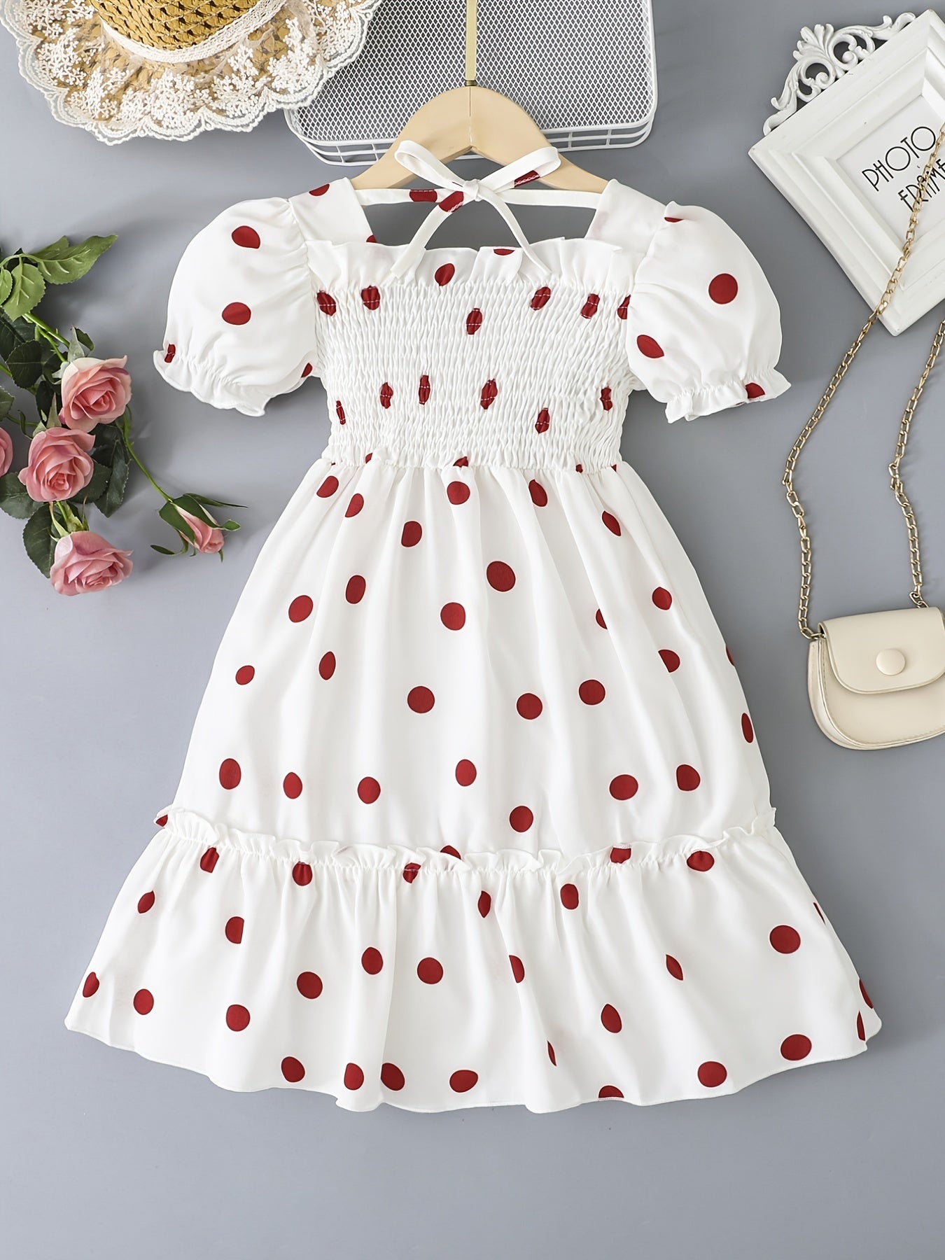 Cute Red Polka Dot Print Short Bubble Sleeve Ruffled Hem Dress